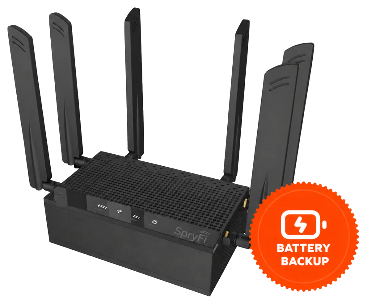 Router negro de SpryFi para internet en casa con seis antenas y batería de respaldo
